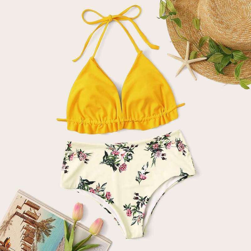

Frill Top With Random Floral High Waist Bikini Set, Multicolor
