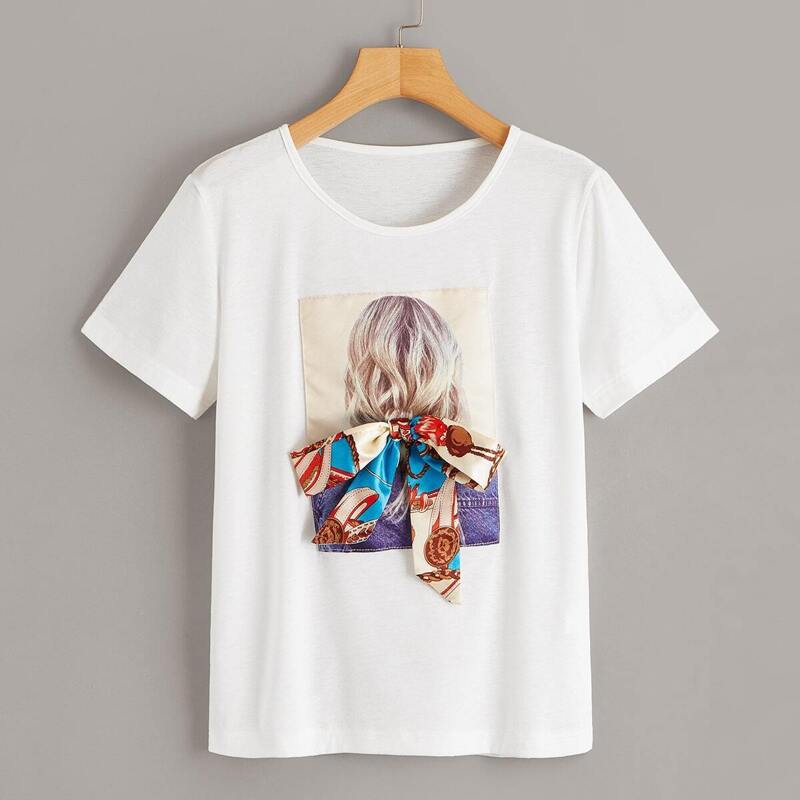 

Figure Print Tie Front Tee, White