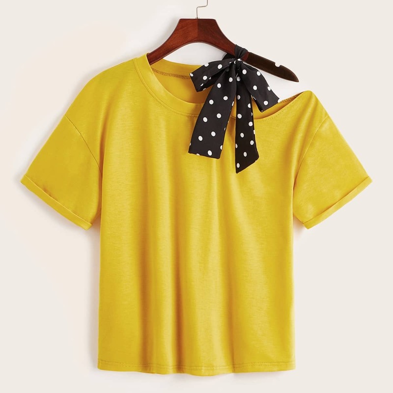 

Contrast Polka Dot Tape Open Shoulder Tee, Yellow