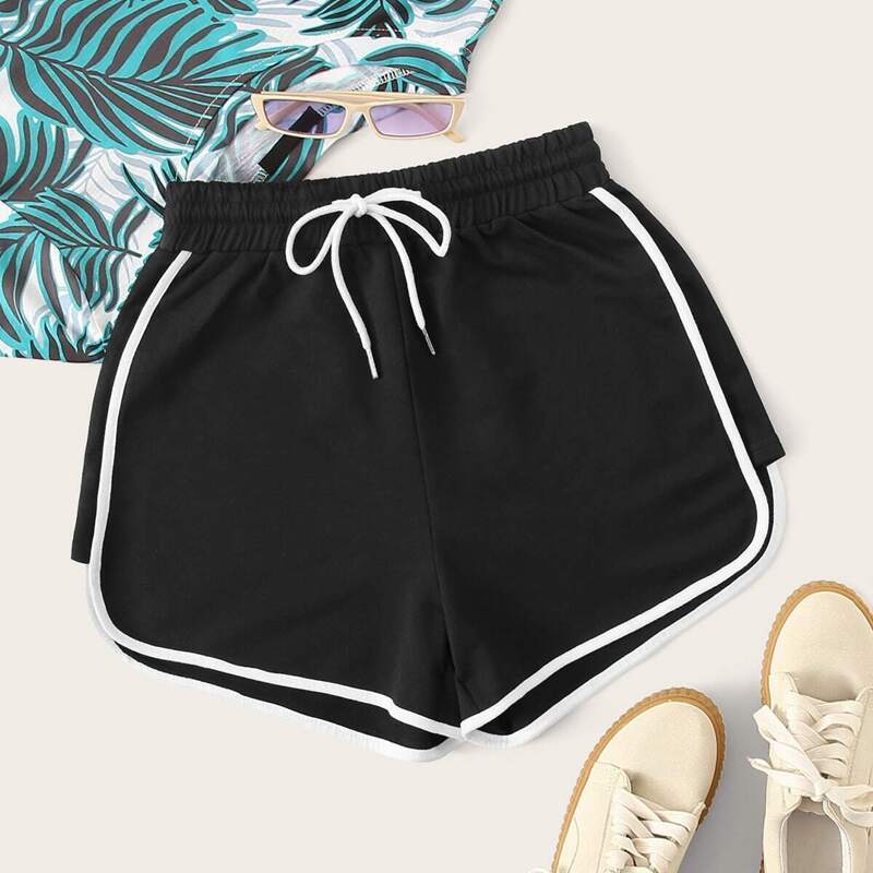 

Drawstring Waist Piping Trim Sports Shorts, Black