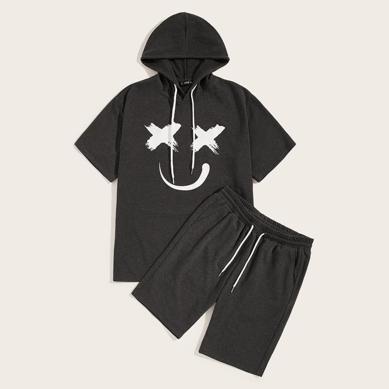 

Guys Cartoon Drawstring Hoodie & Shorts Set, Grey