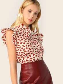 SHEIN Amorya Petal Print Pussycat Bow Top - Red - View 3