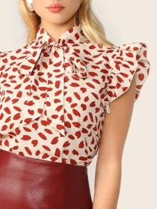 SHEIN Amorya Petal Print Pussycat Bow Top - Red - View 4