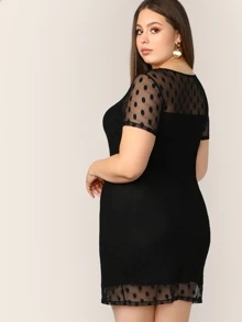 SHEIN Privé Plus Polka Dot Mesh Yoke Trim Bodycon Dress,Graduation Dress - Black - View 2