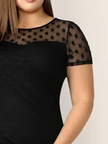 SHEIN Privé Plus Polka Dot Mesh Yoke Trim Bodycon Dress,Graduation Dress - Black - View 4