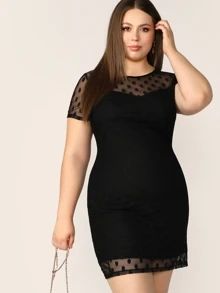 SHEIN Privé Plus Polka Dot Mesh Yoke Trim Bodycon Dress,Graduation Dress - Black - View 1