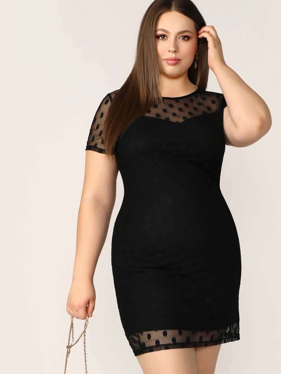 SHEIN Privé Plus Polka Dot Mesh Yoke Trim Bodycon Dress,Graduation Dress - Black - View 1