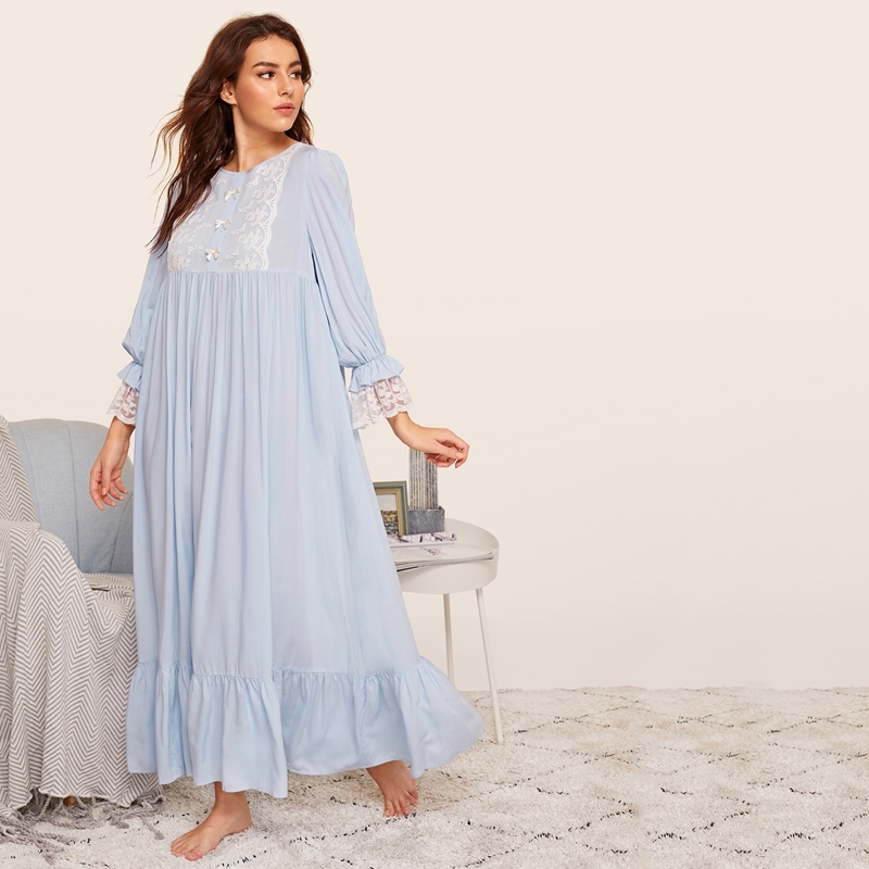 

Contrast Lace Trim Heather Knit Ruffle Hem Nightdress, Blue