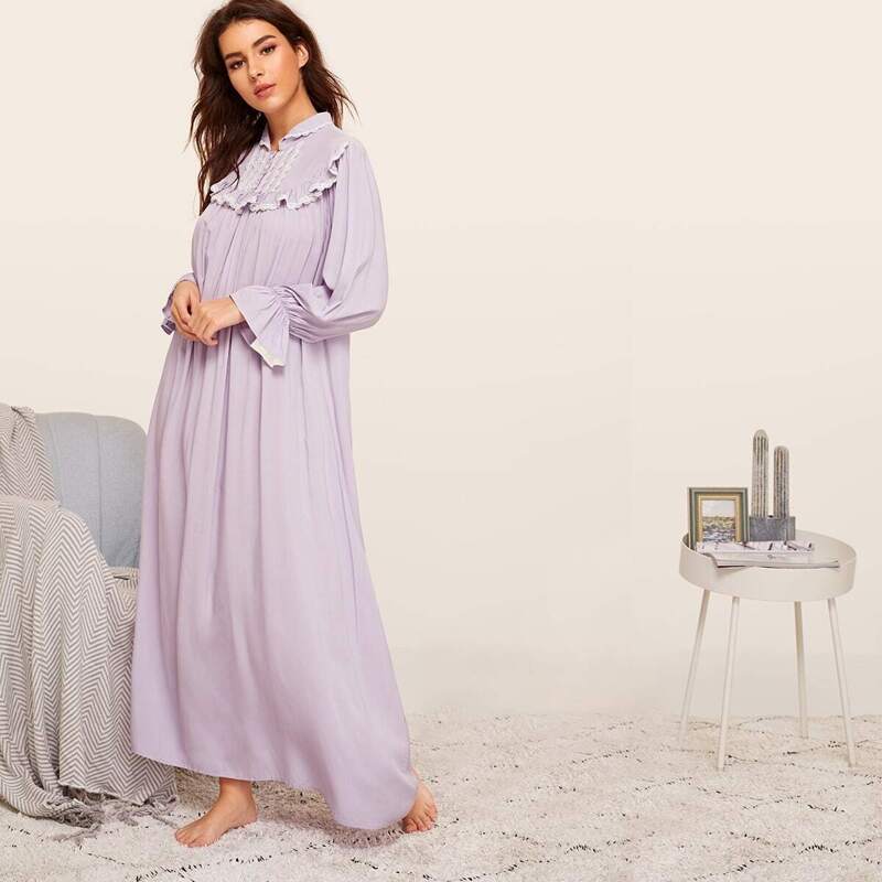 

Lace Trim Frilled Yoke Bell Sleeve Nightdress, Purple pastel