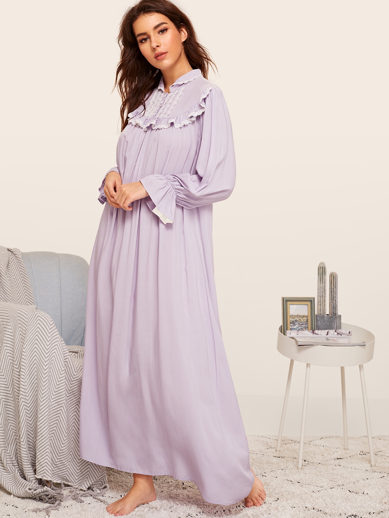 lace trim frilled yoke flare sleeve nightdress | shein uk