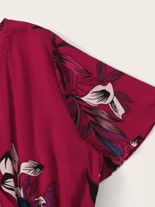 SHEIN LUNE Surplice Floral Print Ruffle Hem Dress - Burgundy - View 3