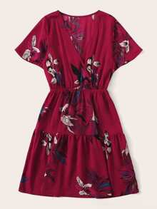 SHEIN LUNE Surplice Floral Print Ruffle Hem Dress - Burgundy - View 5