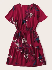 SHEIN LUNE Surplice Floral Print Ruffle Hem Dress - Burgundy - View 2