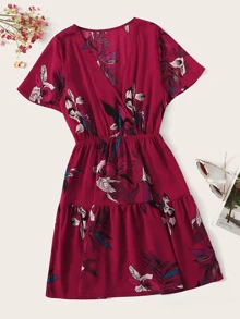 SHEIN LUNE Surplice Floral Print Ruffle Hem Dress - Burgundy - View 1