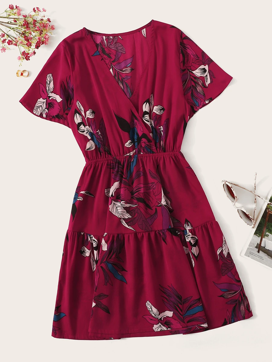 SHEIN LUNE Surplice Floral Print Ruffle Hem Dress - Burgundy - View 1