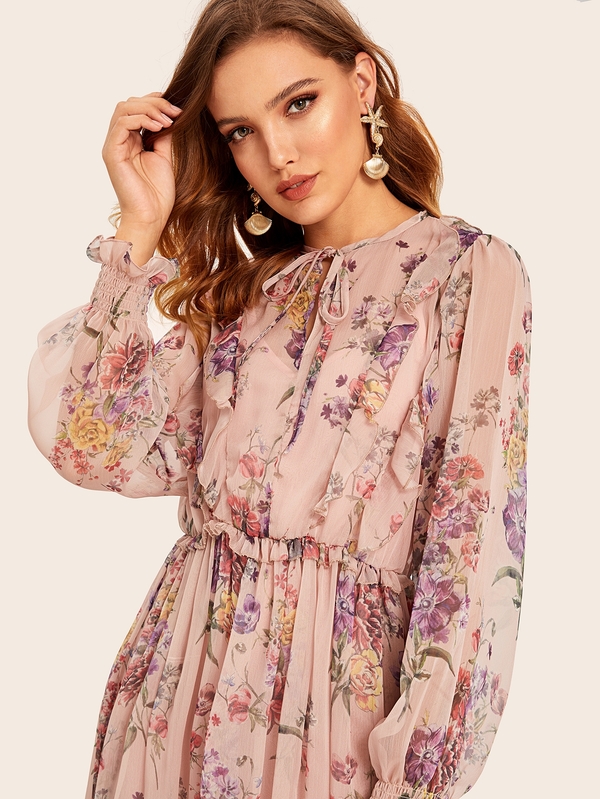 Tie Neck Floral Print Dress SHEIN USA