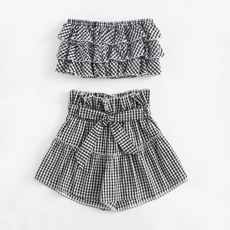 

Plus Ruffle Trim Gingham Bandeau & Skirt, Black and white