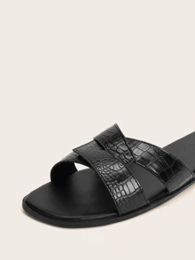 Crocodile Pattern Flat Slippers, Black Elegant Alligator Pattern Women's Flat Roman Sandals