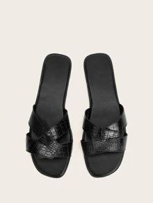 Crocodile Pattern Flat Slippers, Black Elegant Alligator Pattern Women's Flat Roman Sandals