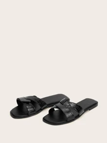 Crocodile Pattern Flat Slippers, Black Elegant Alligator Pattern Women's Flat Roman Sandals