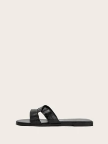 Crocodile Pattern Flat Slippers, Black Elegant Alligator Pattern Women's Flat Roman Sandals