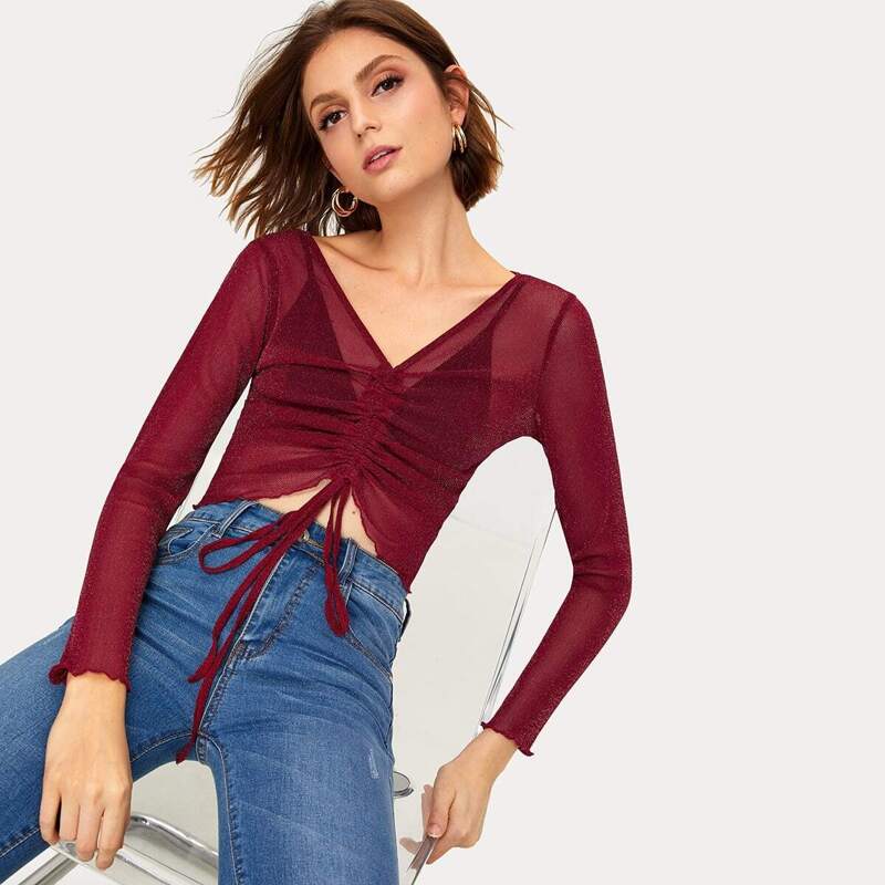 

V-neck Sheer Crop Blouse, Burgundy