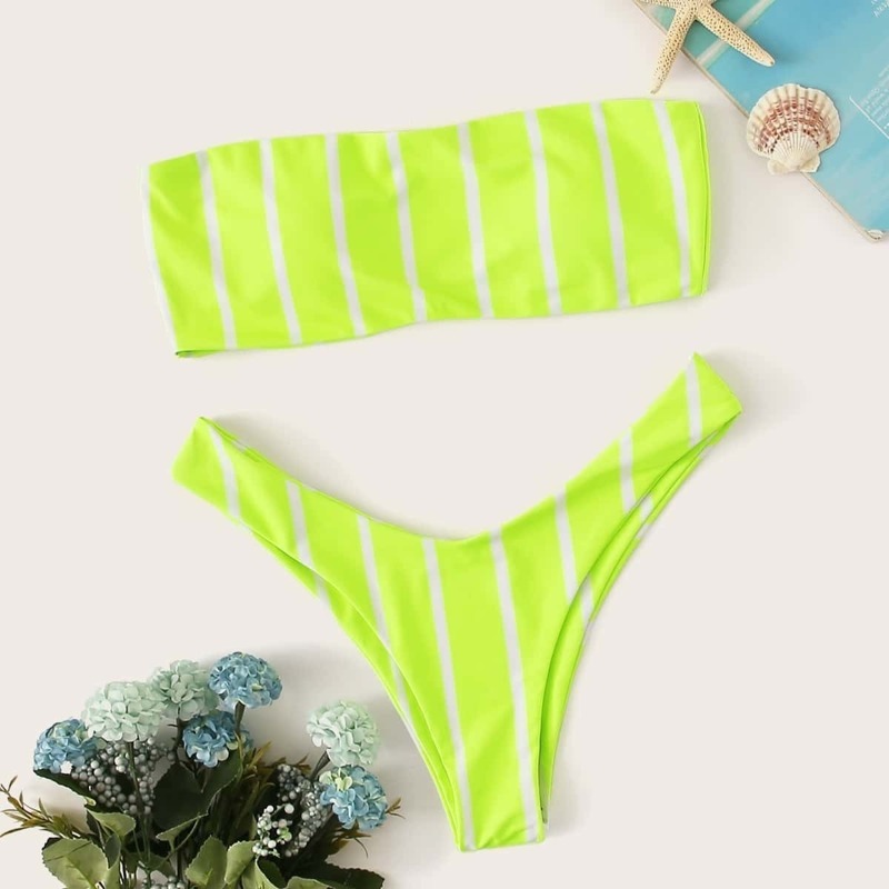 

Neon Lime Striped Bandeau With High Leg Bikini Set, Green bright