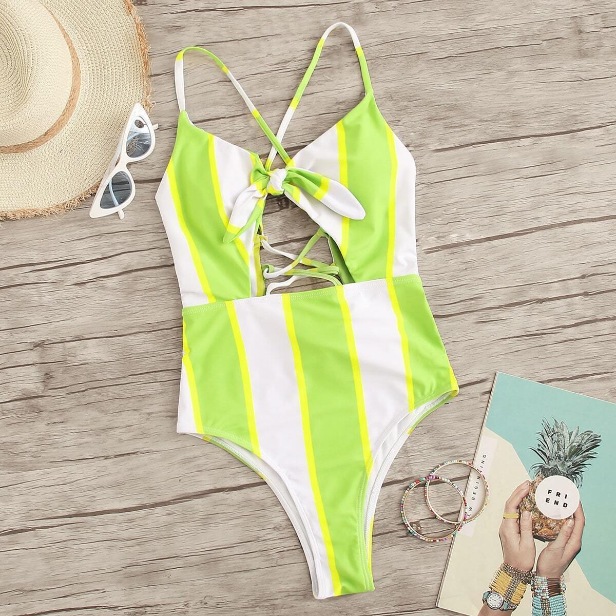 Striped Cut-out Criss Cross One Piece Swimsuit