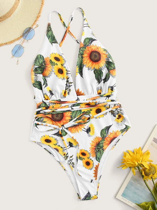 Random Sunflower Print Self Tie Plunging One Piece Swimsuit