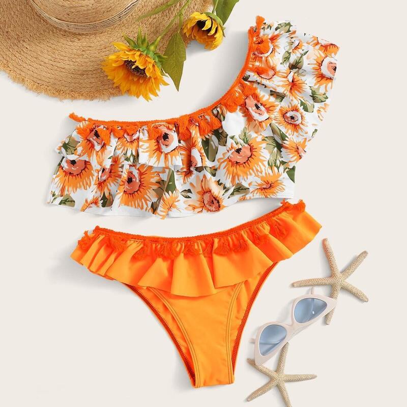 

Random Floral One Shoulder Tiered Ruffle Bikini Set, Multicolor bright