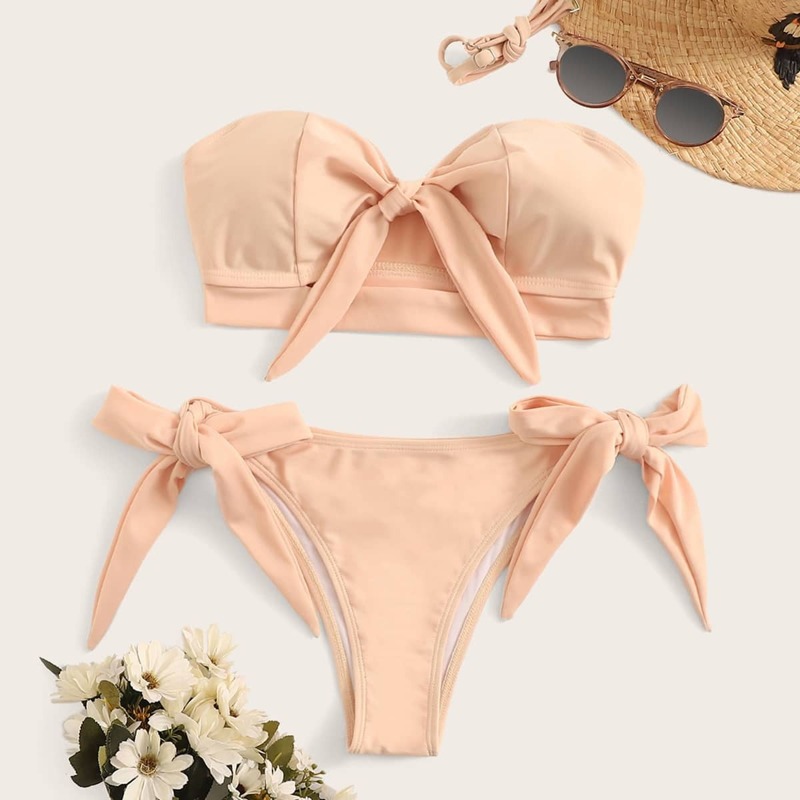 

Knot Front Bandeau With Tie Side Bikini Set, Beige