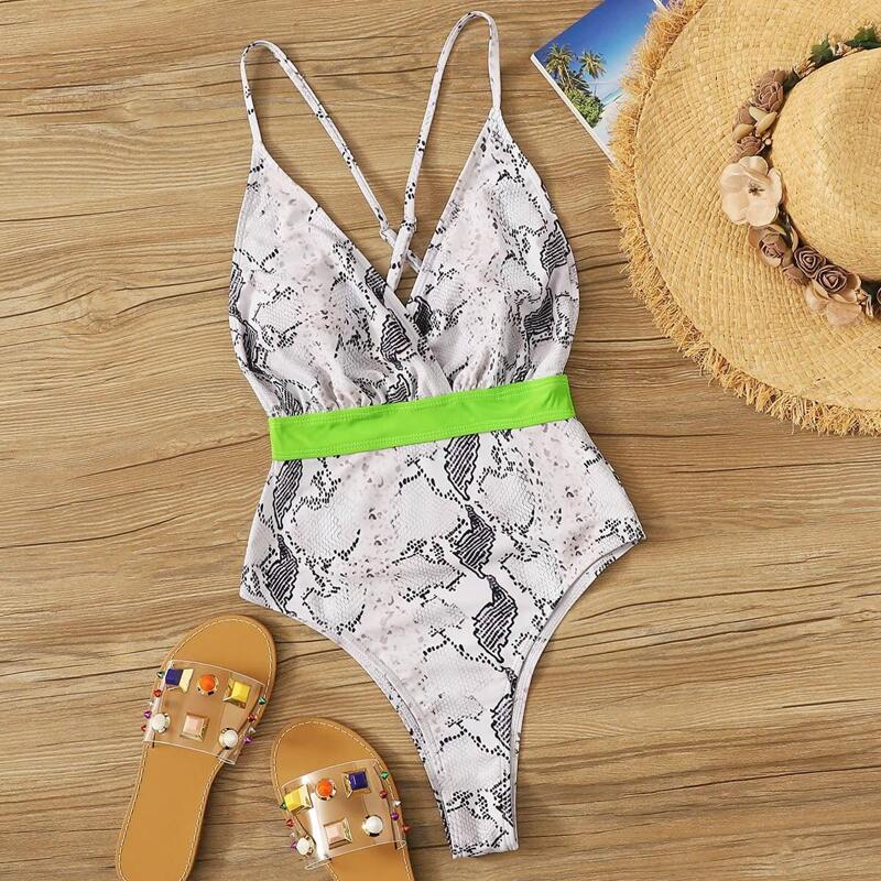 

Snakeskin Print Crisscross Open Back One Piece Swimsuit, Multicolor