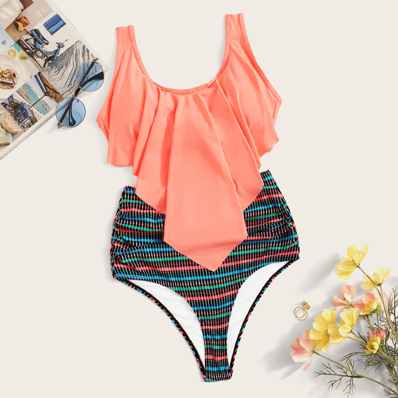 

Handkerchief Hem Top With High Waist Bikini Set, Multicolor