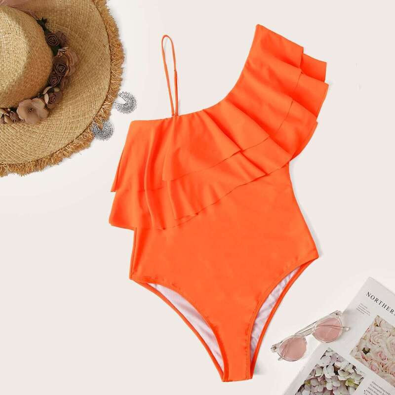 

One Shoulder Flounce One Piece Swimsuit, Orange