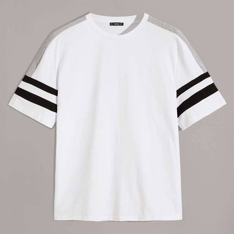 

Guys Heathered Grey Panel Striped Sleeve Tee, White