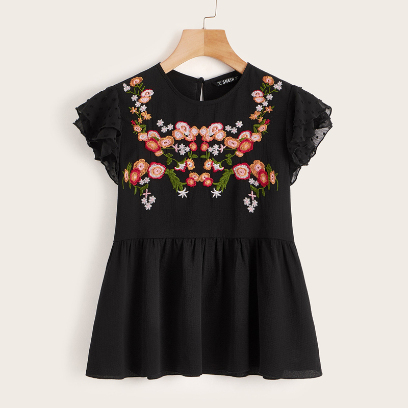 

Floral Embroidered Ruffle Armhole Top, Black