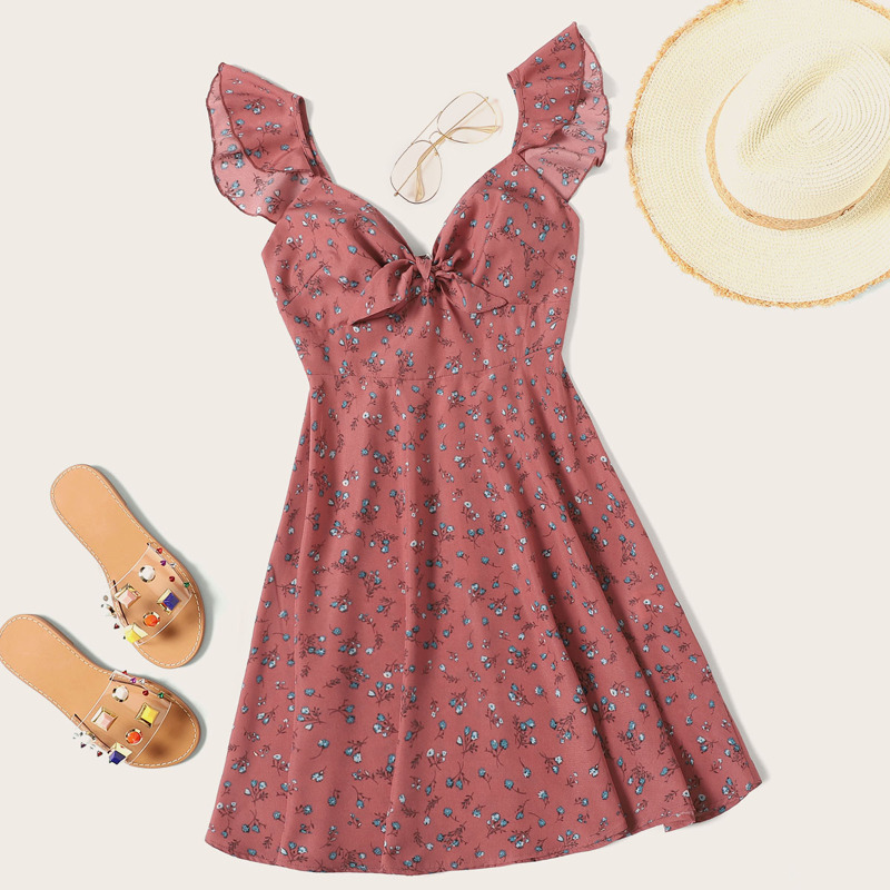 

Ditsy Floral Knot Neck Ruffle Trim Dress, Dusty pink