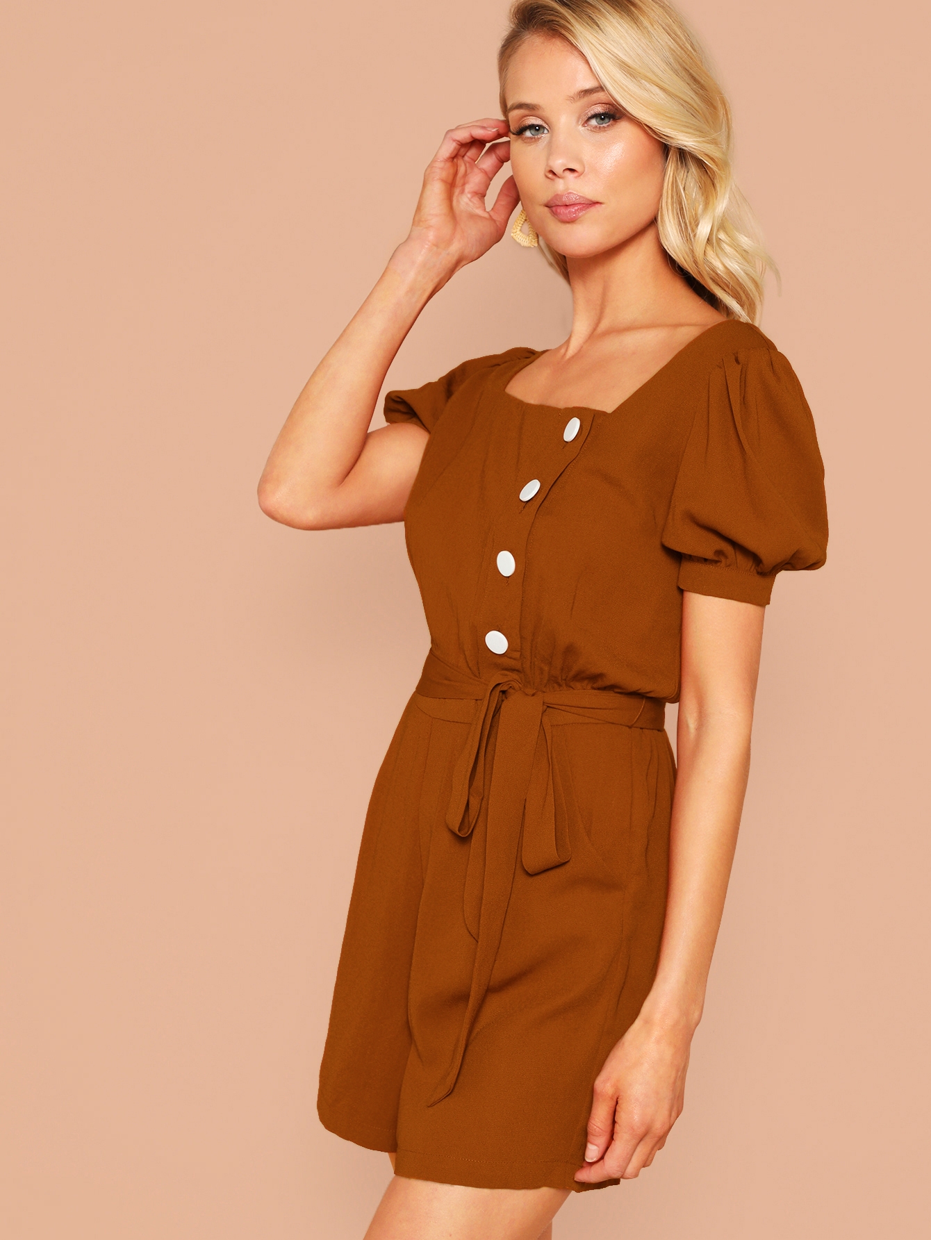 puff sleeve asymmetric placket belted romper | shein uk
