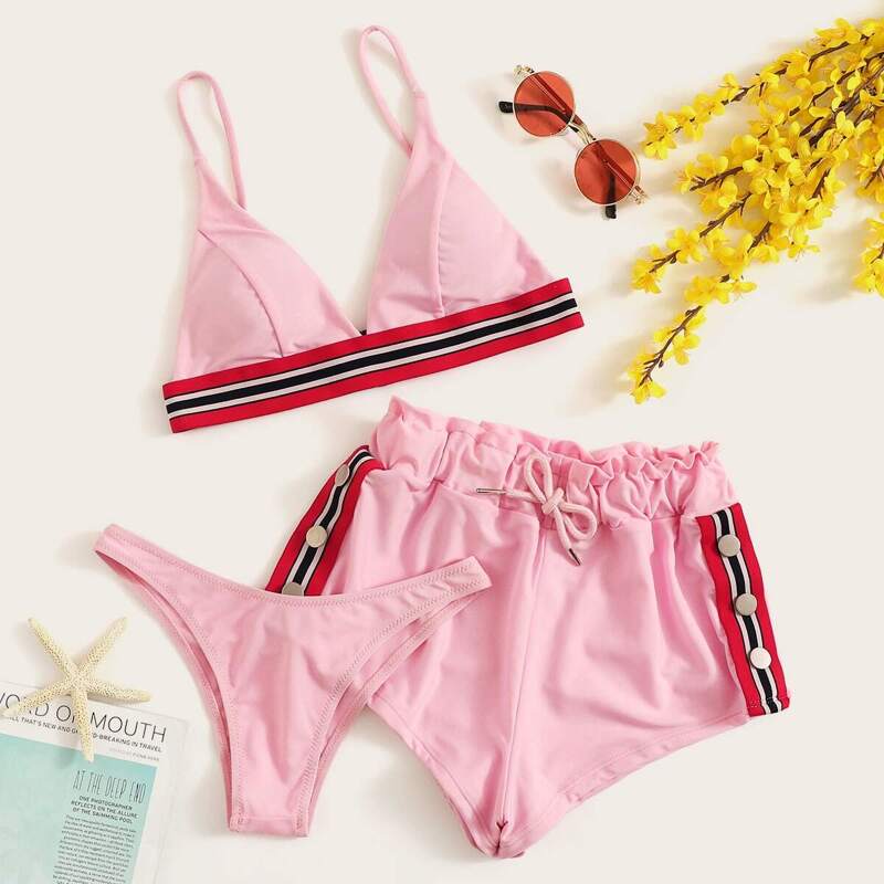 

Striped Trim Button Decor Bikini Set 3pack, Pink pastel