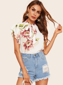Floral Print Tie Neck Blouse