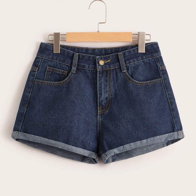 

Rolled Hem Pocket Detail Denim Shorts, Blue