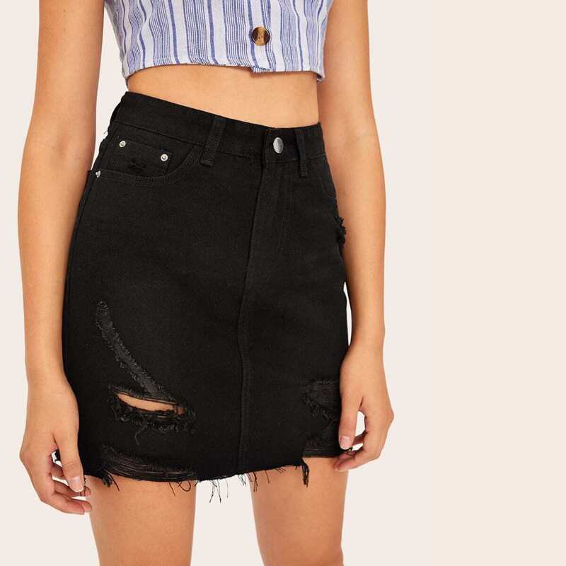 

Ripped Raw Hem Denim Skirt, Black