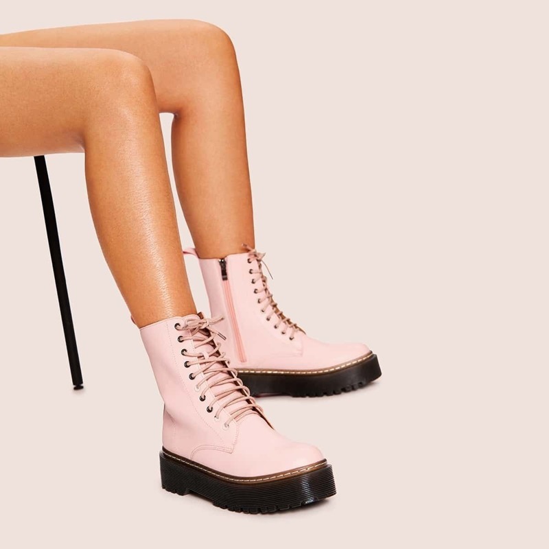 

Lace-up & Side Zipper Boots, Pink