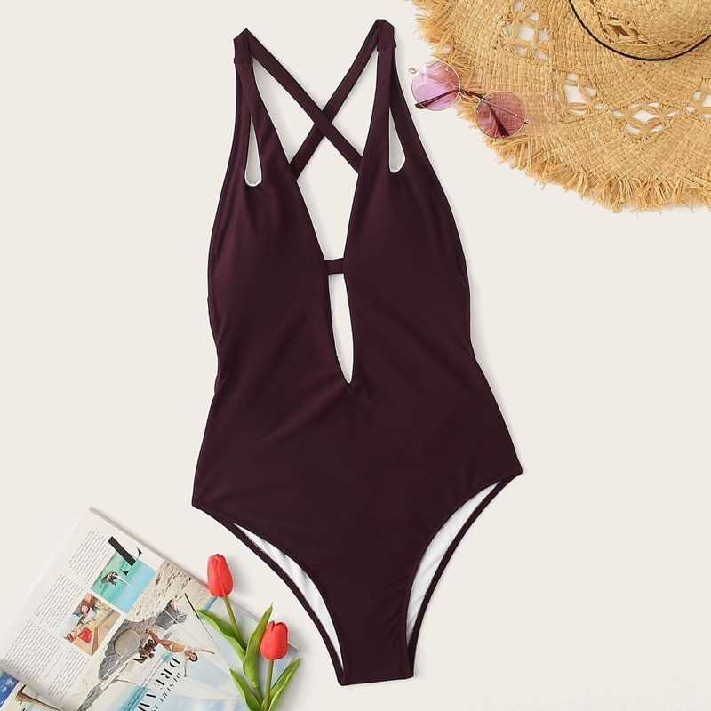 

Criss Cross Open Back One Piece Swimwear, Burgundy