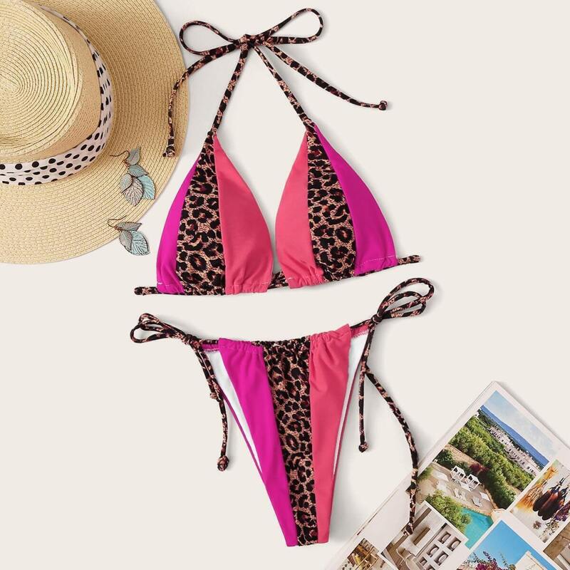 

Color-block Halter Top With Tie Side Bikini Set, Multicolor