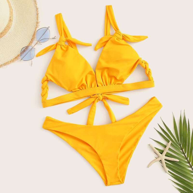 

Cut-Out Tie Back Top With Cheeky Bikini Set, Yellow
