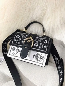 時尚刺繡設計女用手提包大容量，也可用作背包 - 黑與白 - 查看 2