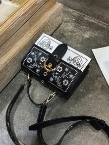 時尚刺繡設計女用手提包大容量，也可用作背包 - 黑與白 - 查看 3