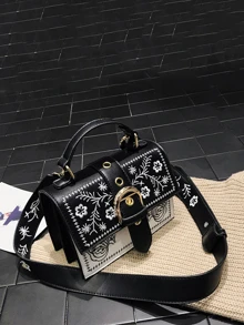 時尚刺繡設計女用手提包大容量，也可用作背包 - 黑與白 - 查看 4