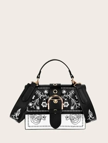 時尚刺繡設計女用手提包大容量，也可用作背包 - 黑與白 - 查看 1